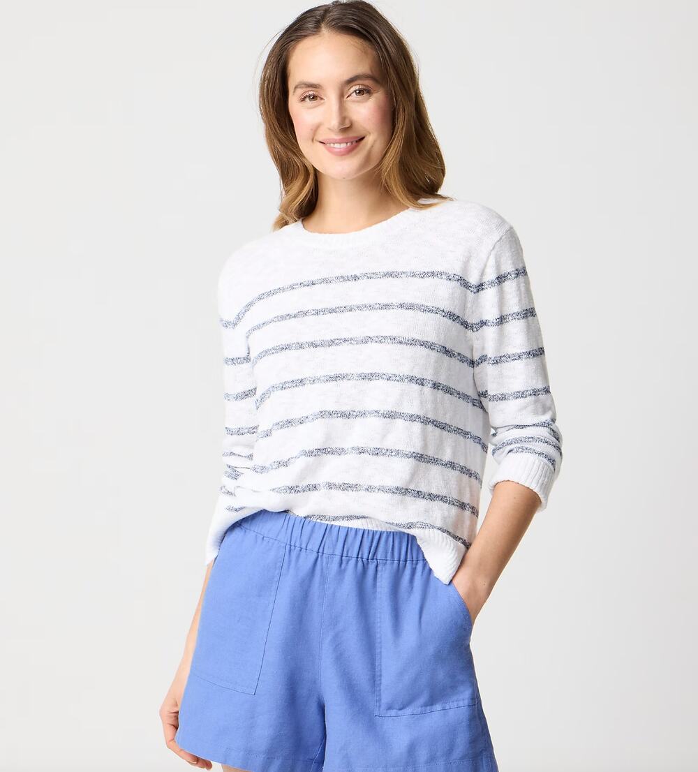 J.Crew Striped Crewneck Beach Sweater Long Sleeve White Navy Coastal XXS NWT